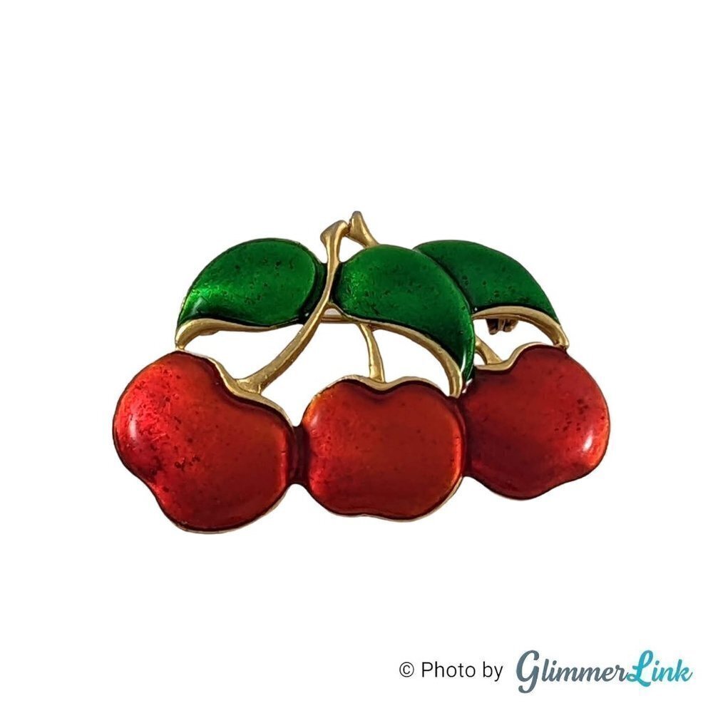 Vintage Three Cherries Enamel Gold Tone Brooch